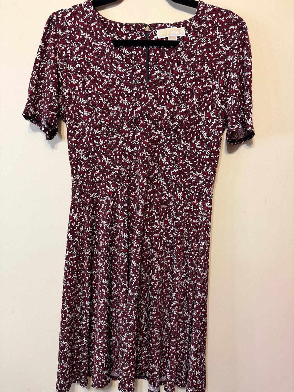 Michael Kors Floral Short-Sleeve Fit & Flare Dress in Burgundy